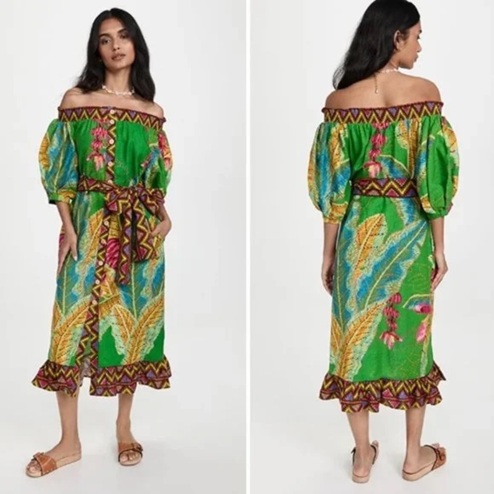 Farm Rio Banana Leaves Off Shoulder Midi Dress NWT Small Tropical Puff Sleeve